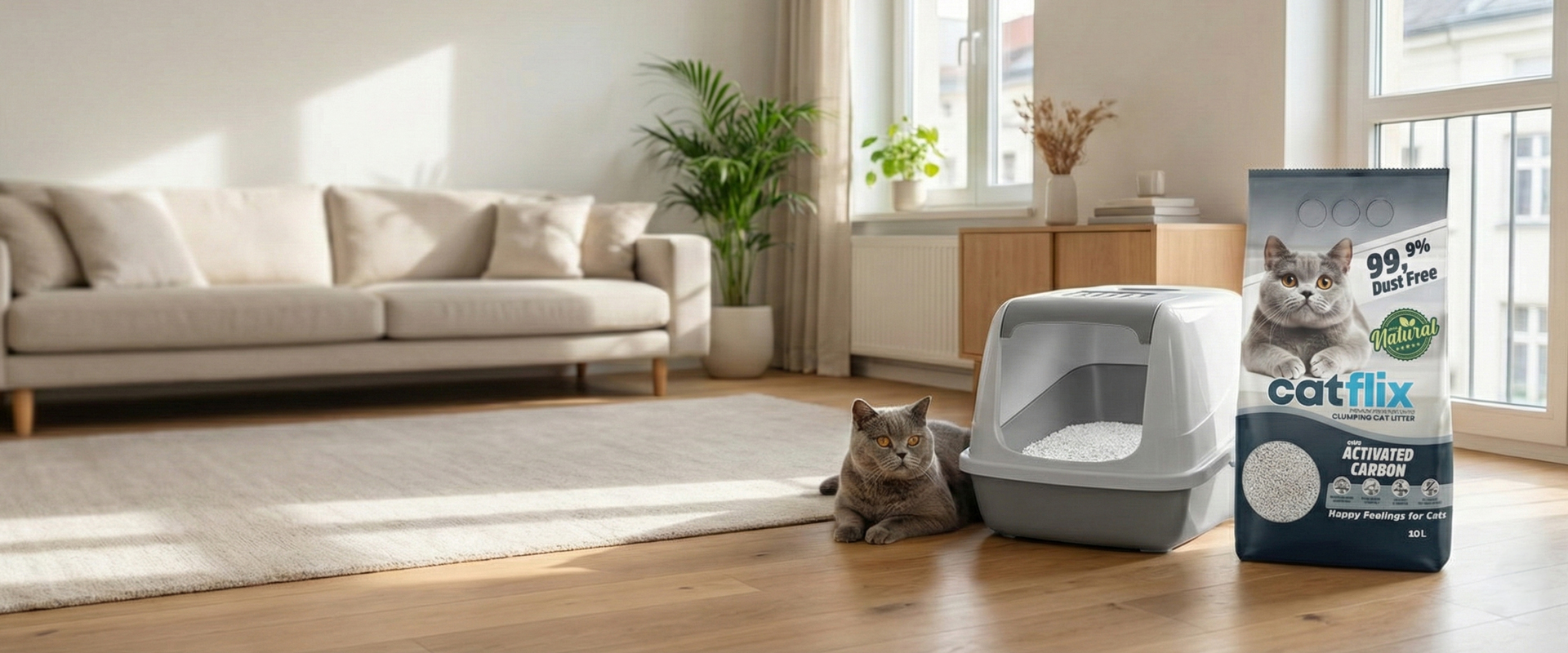 Catflix OEM white bentonite cat litter packaging lineup for commercial supermarkets