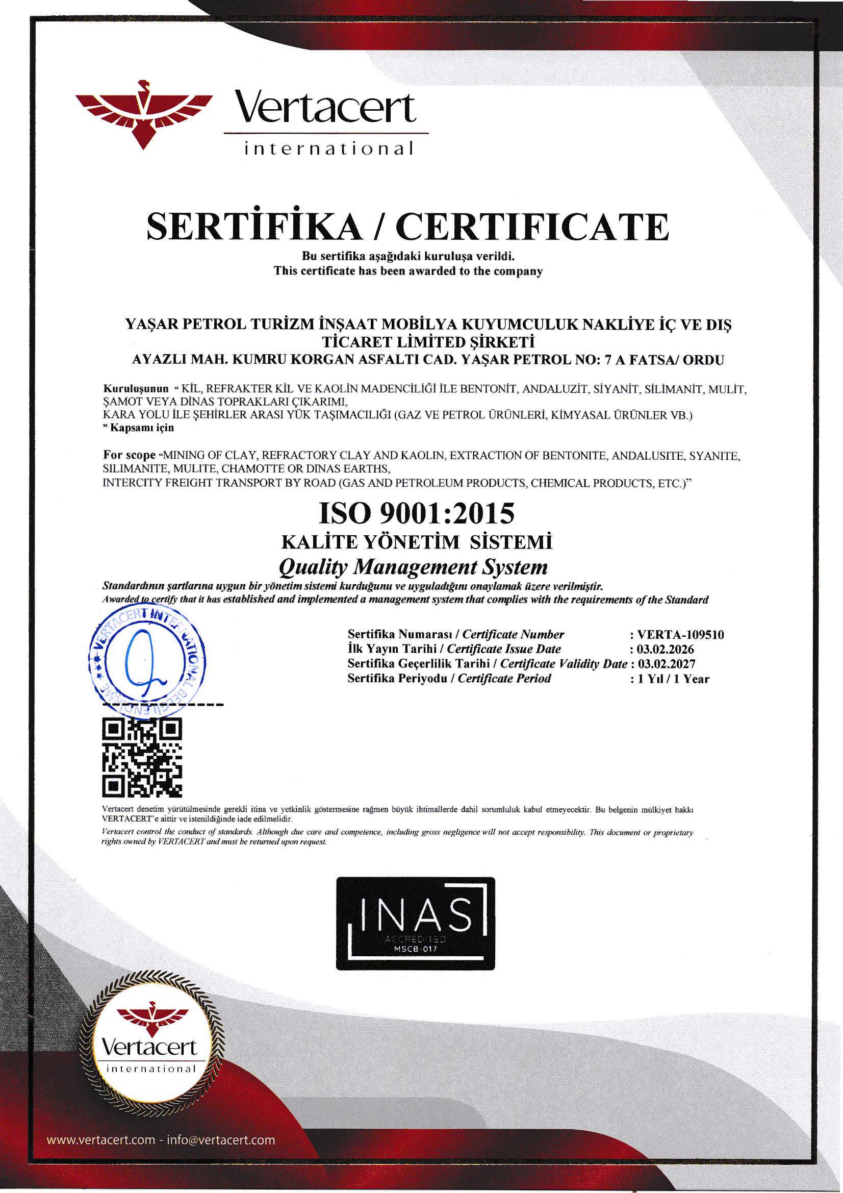 ISO 9001:2015 Quality Management System Certificate MyBentonite