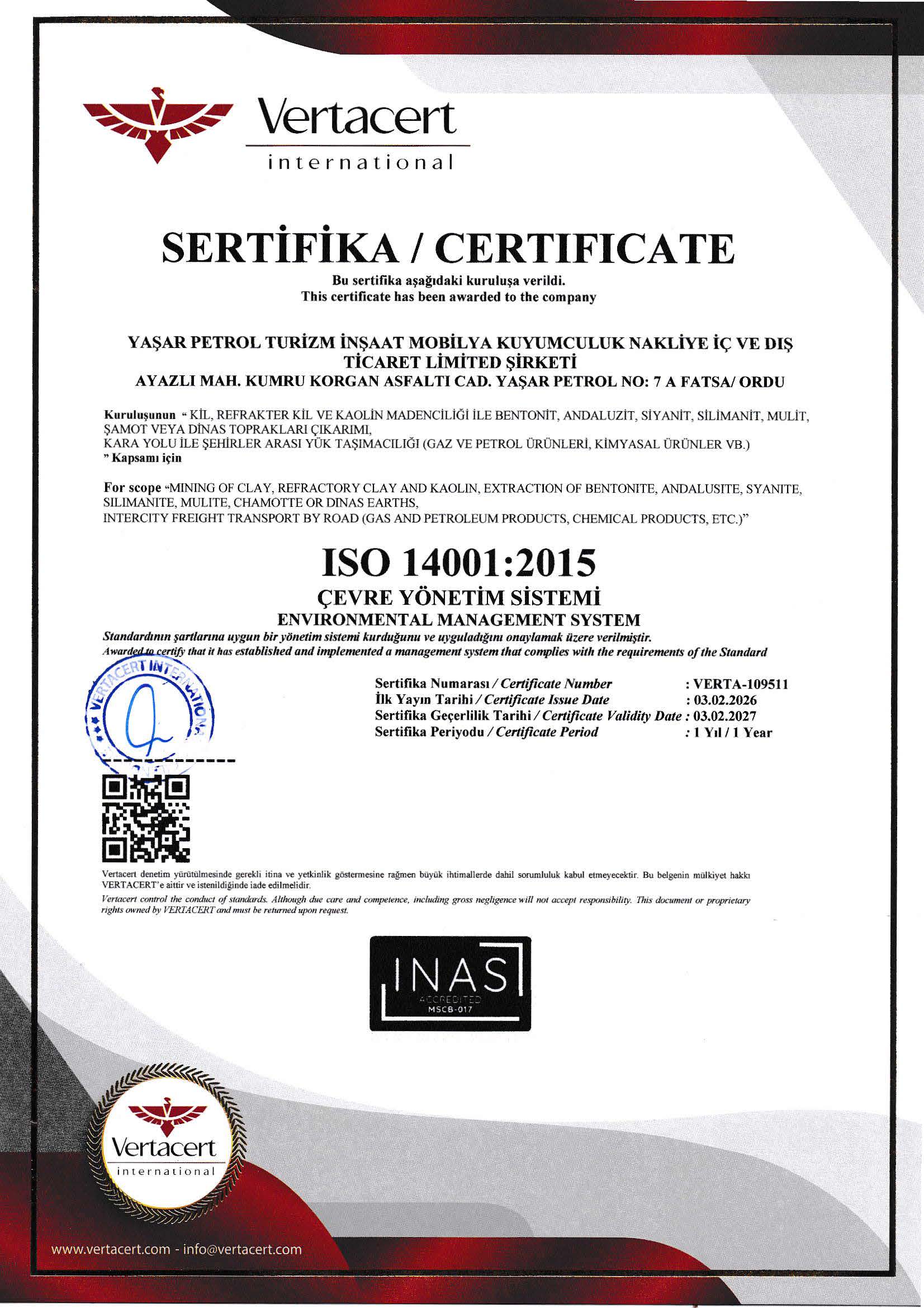 ISO 14001:2015 Environmental Management System Certificate MyBentonite